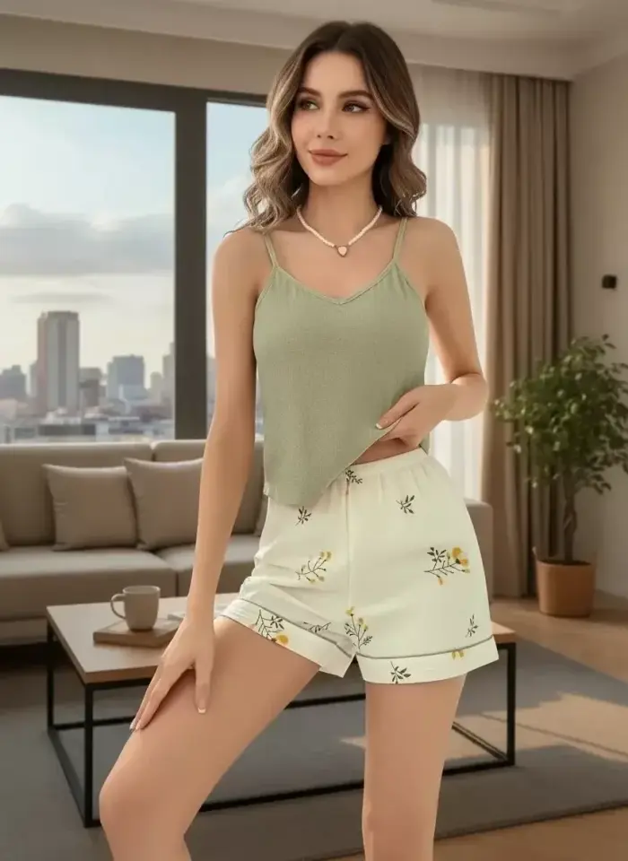 Kadın Ekru Çiçek Baskılı Şortlu Gecelik Pijama Takımı Rahat Şık 2’li Set