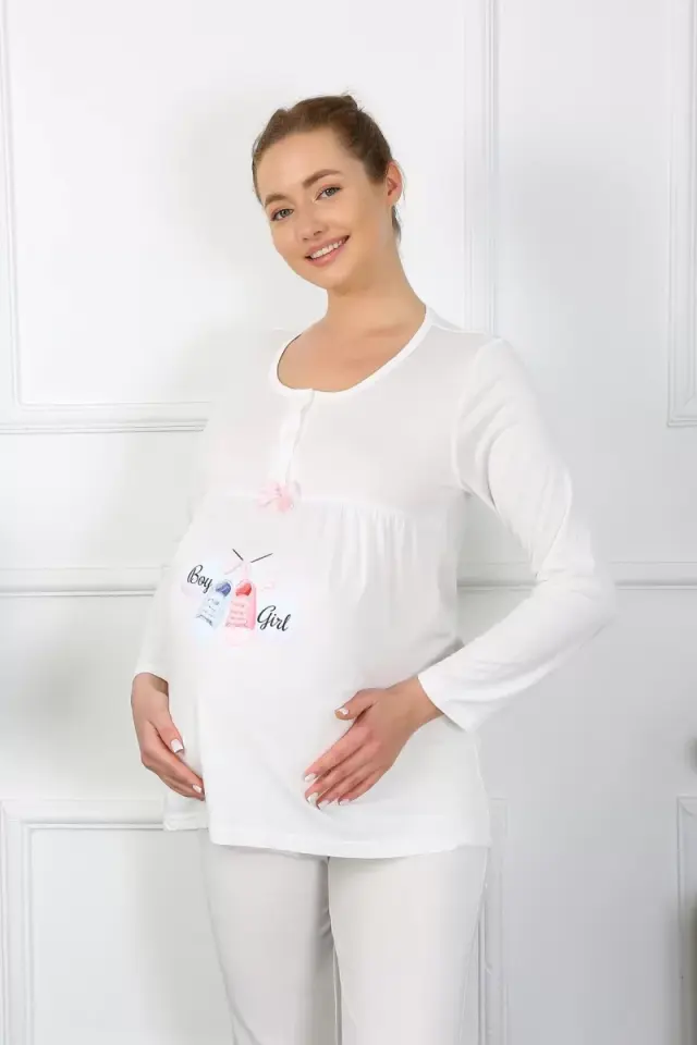 Kadın Uzun Kol Hamile Lohusa Pijama Takımı Ekru