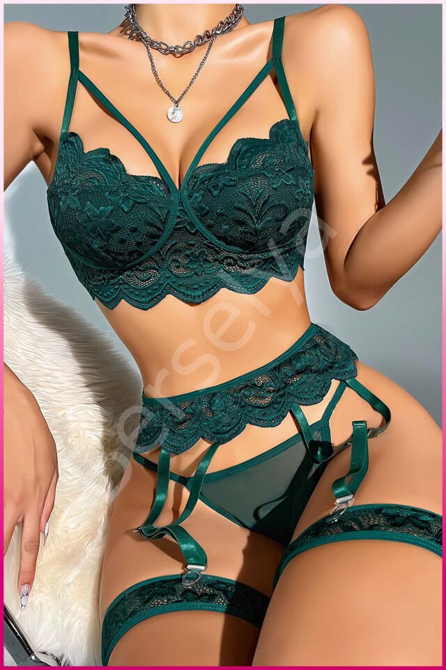 Kadın Yeşil Dantel Detaylı Jartiyer Takım