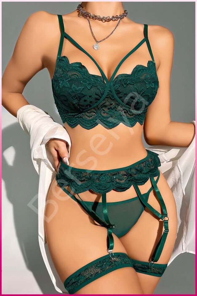 Kadın Yeşil Dantel Detaylı Jartiyer Takım