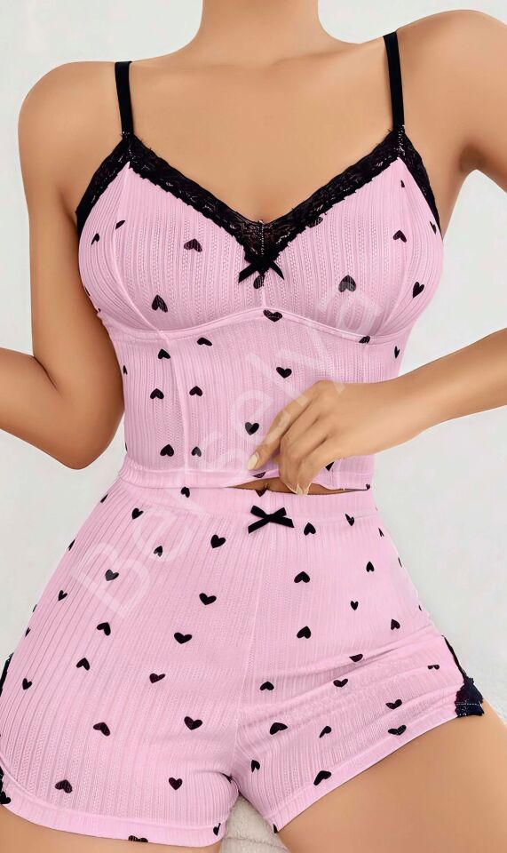 Kadın Pembe Kalp Desenli Askılı Şortlu Pijama Takım 6647
