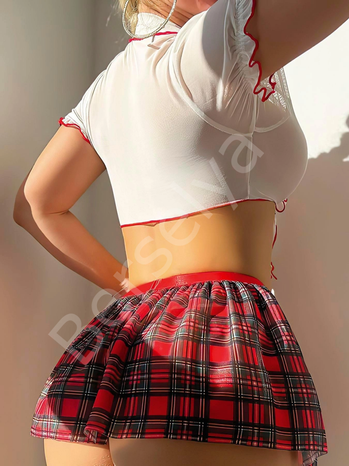 Luna Lora Ekose Mini Etekli Bağlamalı Kadın Öğrenci Kostüm Seti