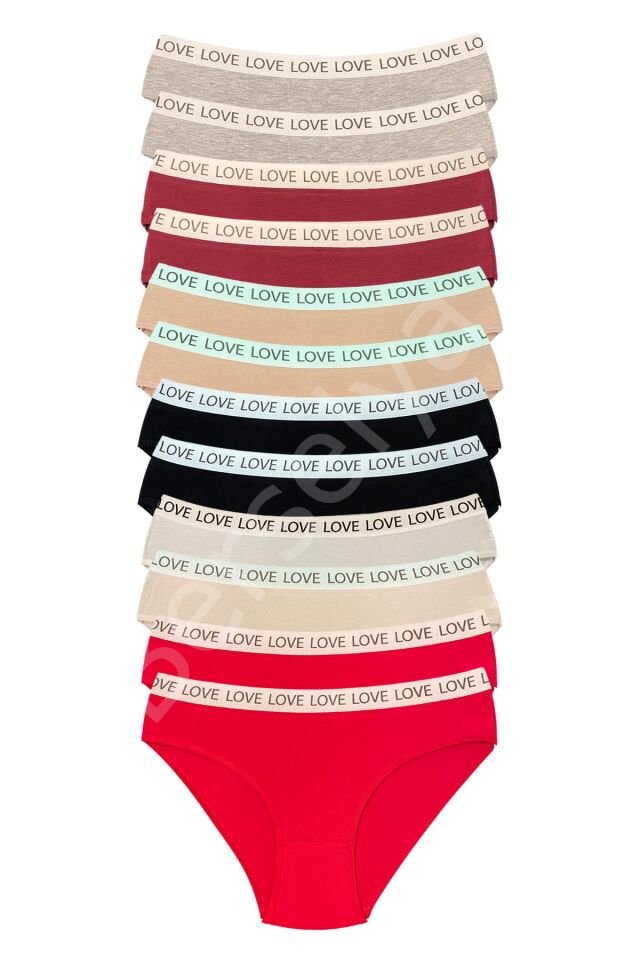 12 Adet Pamuklu Esnek Kadın Slip Bikini Külot Geniş Lastikli Baskılı