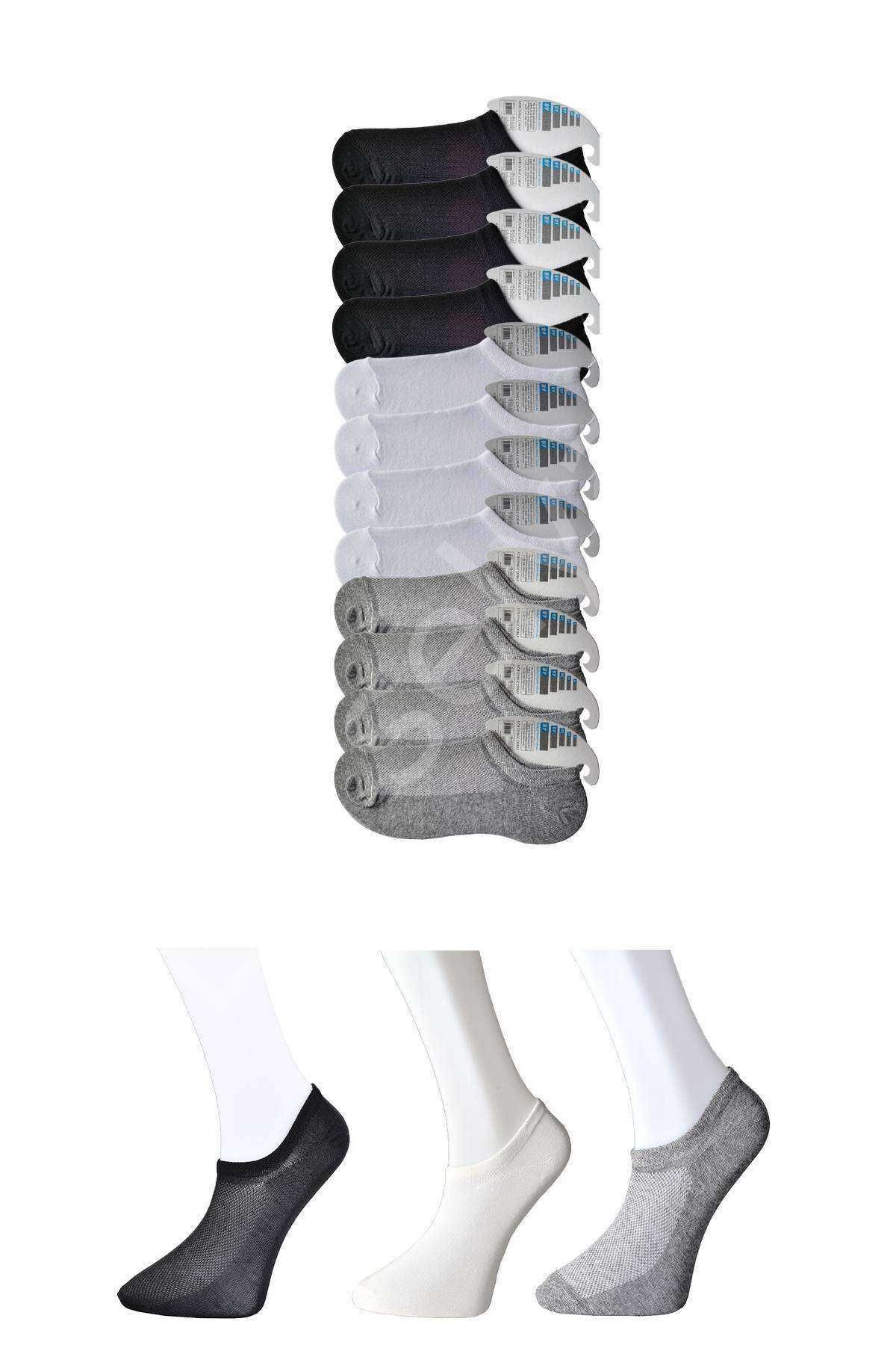 Siyah Gri ve Beyaz Erkek Görünmez Çorap 12 çift