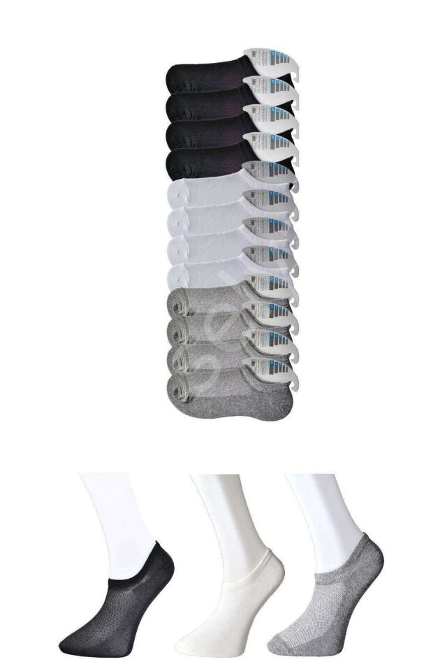 Siyah Gri ve Beyaz Erkek Görünmez Çorap 12 çift