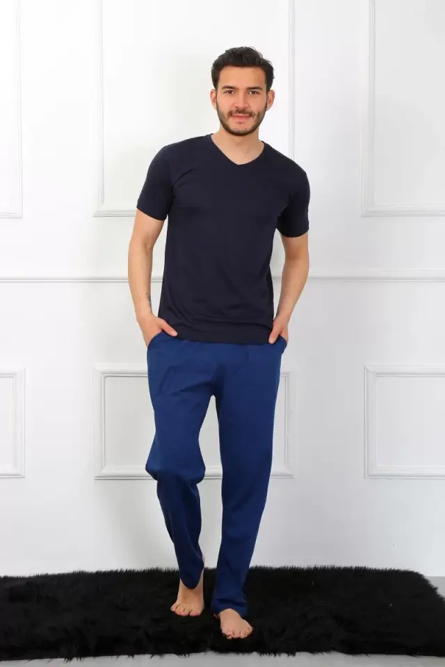 Erkek Penye 3'lü Lacivert V Yaka Pijama Takımı