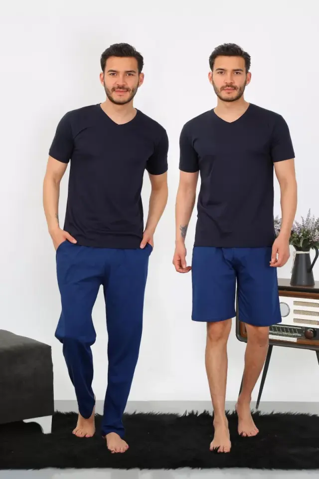 Erkek Penye 3'lü Lacivert V Yaka Pijama Takımı