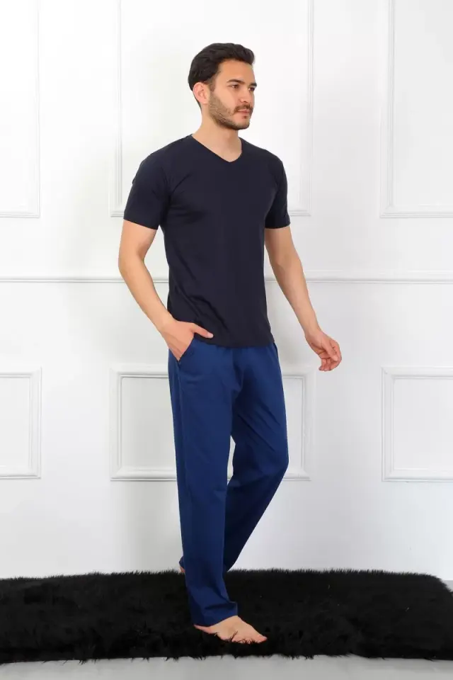 Erkek Penye 3'lü Lacivert V Yaka Pijama Takımı
