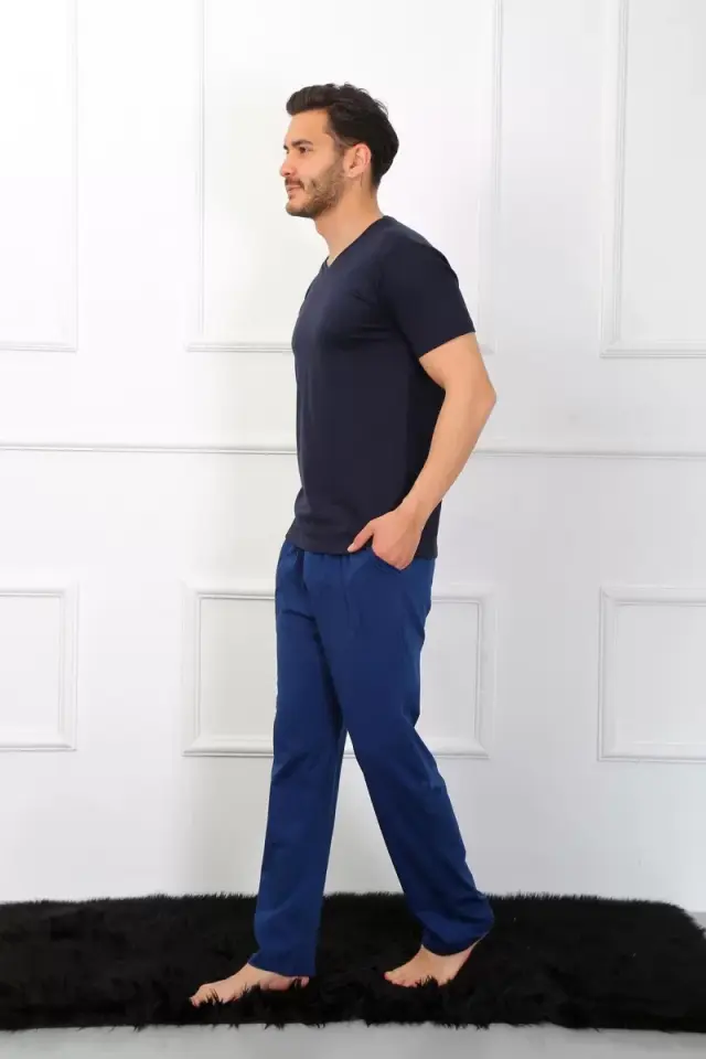 Erkek Penye 3'lü Lacivert V Yaka Pijama Takımı