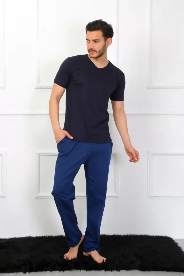 Erkek Penye 3'lü Lacivert V Yaka Pijama Takımı