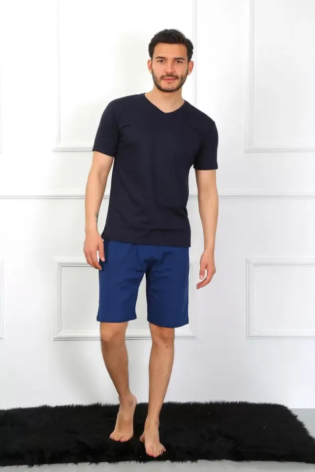 Erkek Penye 3'lü Lacivert V Yaka Pijama Takımı