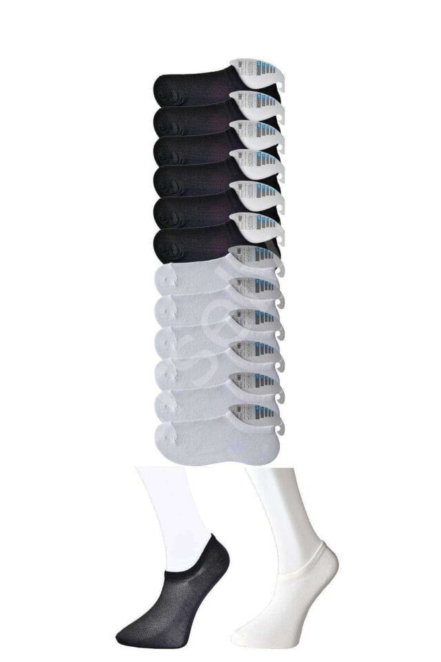 Siyah ve Beyaz Erkek Görünmez Çorap 12 çift