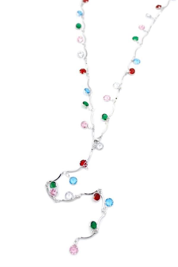 Renkli Taşlı Y Kolye - Gümüş
