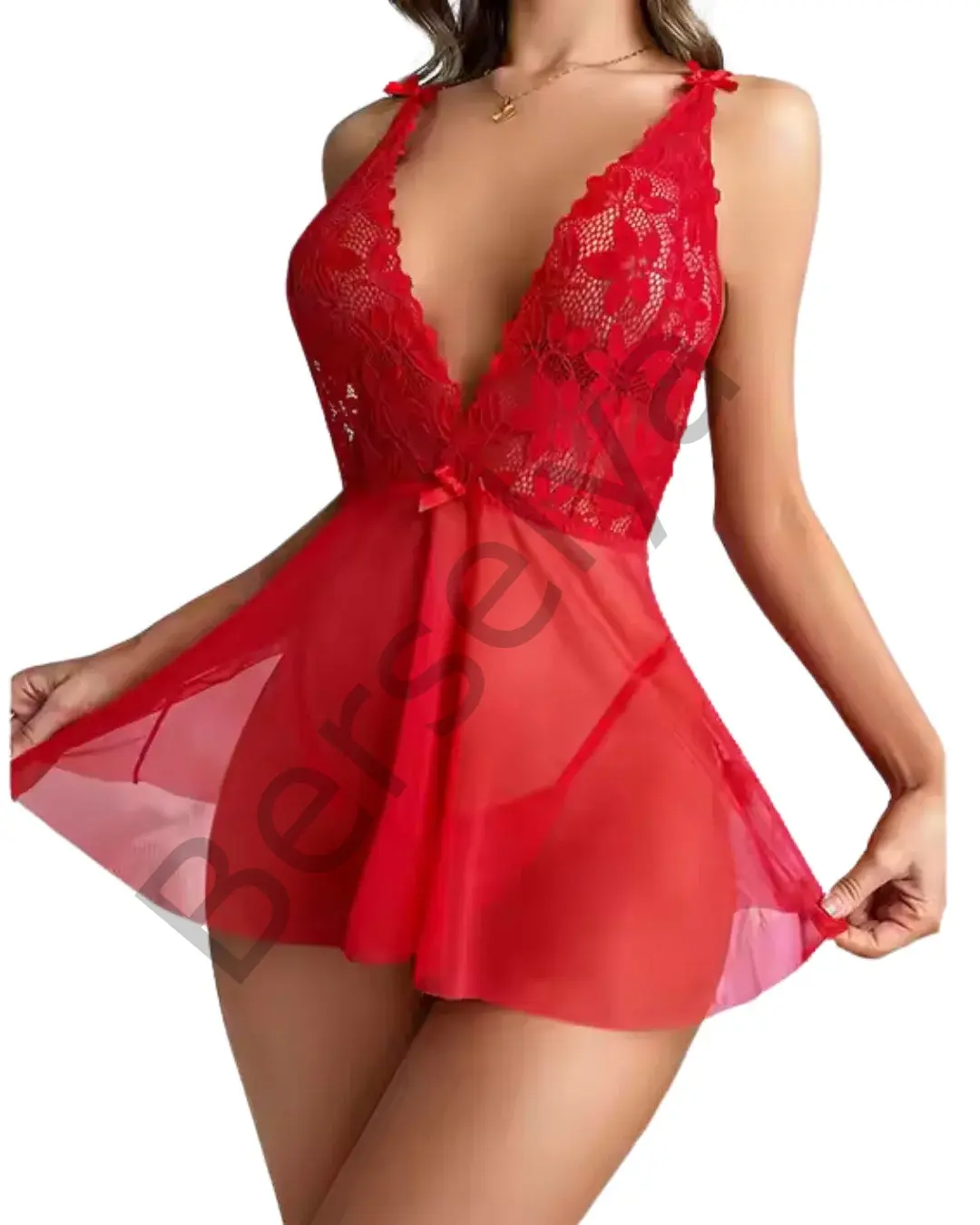 Fantezi Kırmızı Dantelli Transparan Tül Etekli Seksi Elbise Gecelik