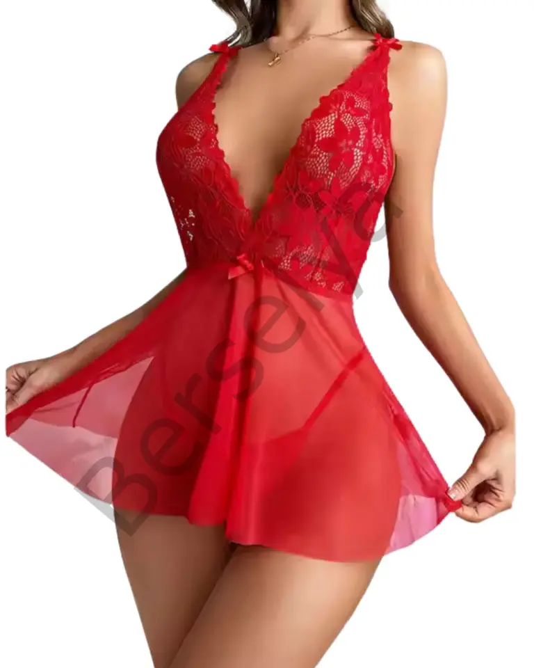Fantezi Kırmızı Dantelli Transparan Tül Etekli Seksi Elbise Gecelik