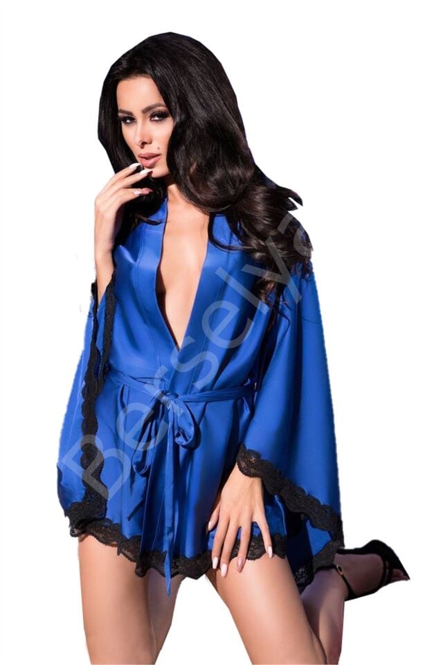 Saks Mavisi Mini Gecelik Sabahlık Takım