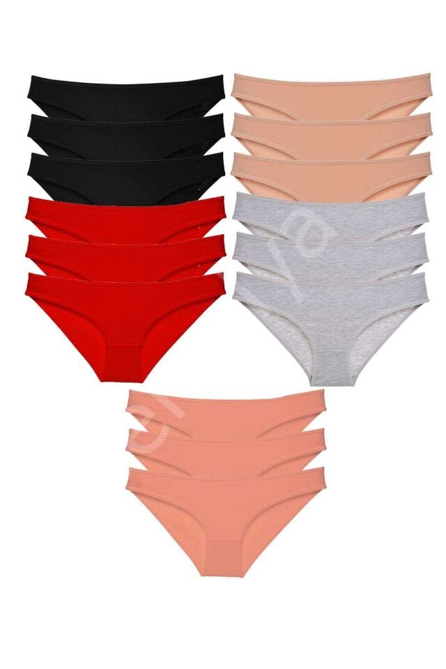 15 adet Süper Eko Set Likralı Kadın Slip Külot Siyah Kırmızı Ten Gri Pudra S