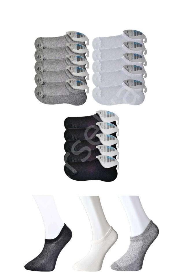 Siyah Gri ve Beyaz Erkek Görünmez Çorap 15 çift