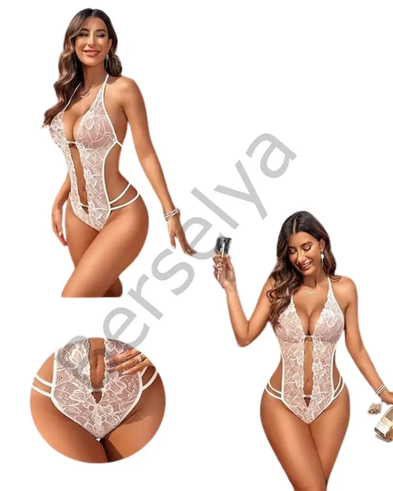 Fantezi Beyaz Dantelli Zincirli Seksi Babydoll