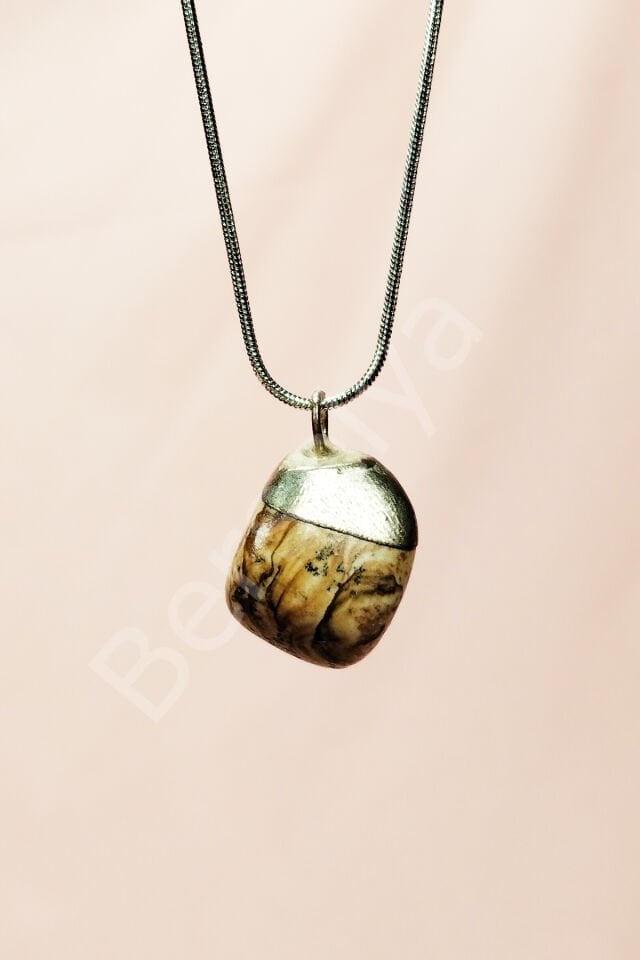 Jasper Doğal Taşı Zincirli El Yapımı Kolye Uç: 2 cm Zincir: 20 cm Kutulu