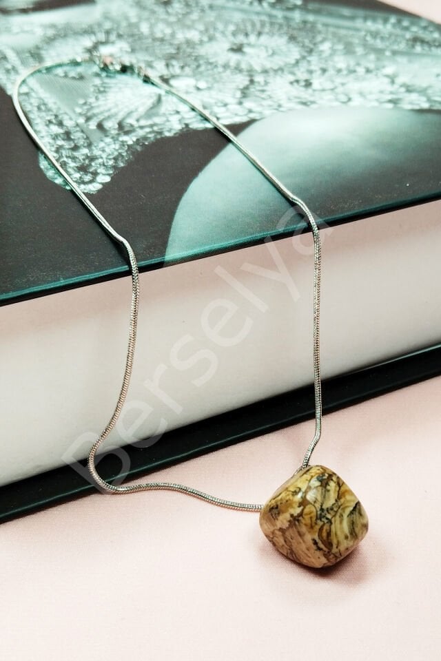 Jasper Doğal Taşı Zincirli El Yapımı Kolye Uç: 2 cm Zincir: 20 cm Kutulu