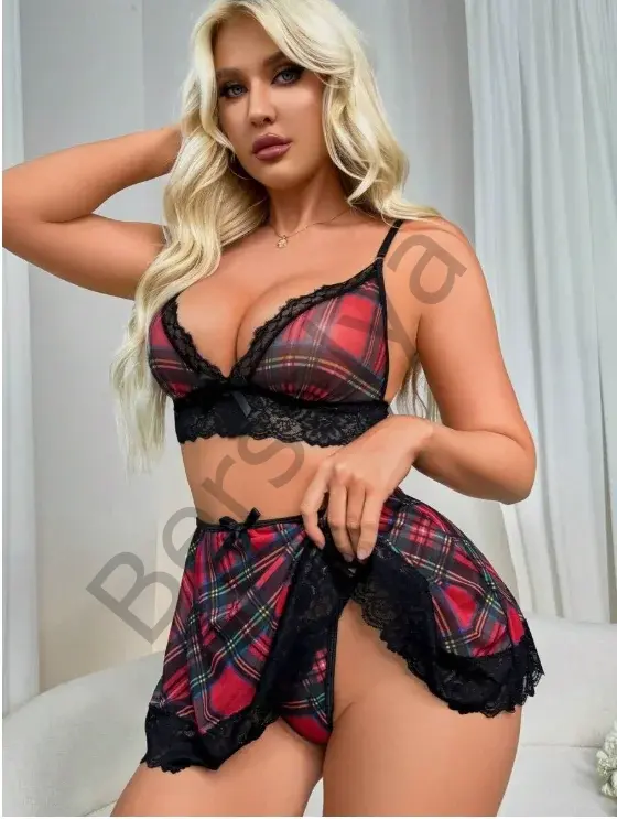 Fantezi Seksi Dantelli Ekose Sütyen Mini Etek Takım