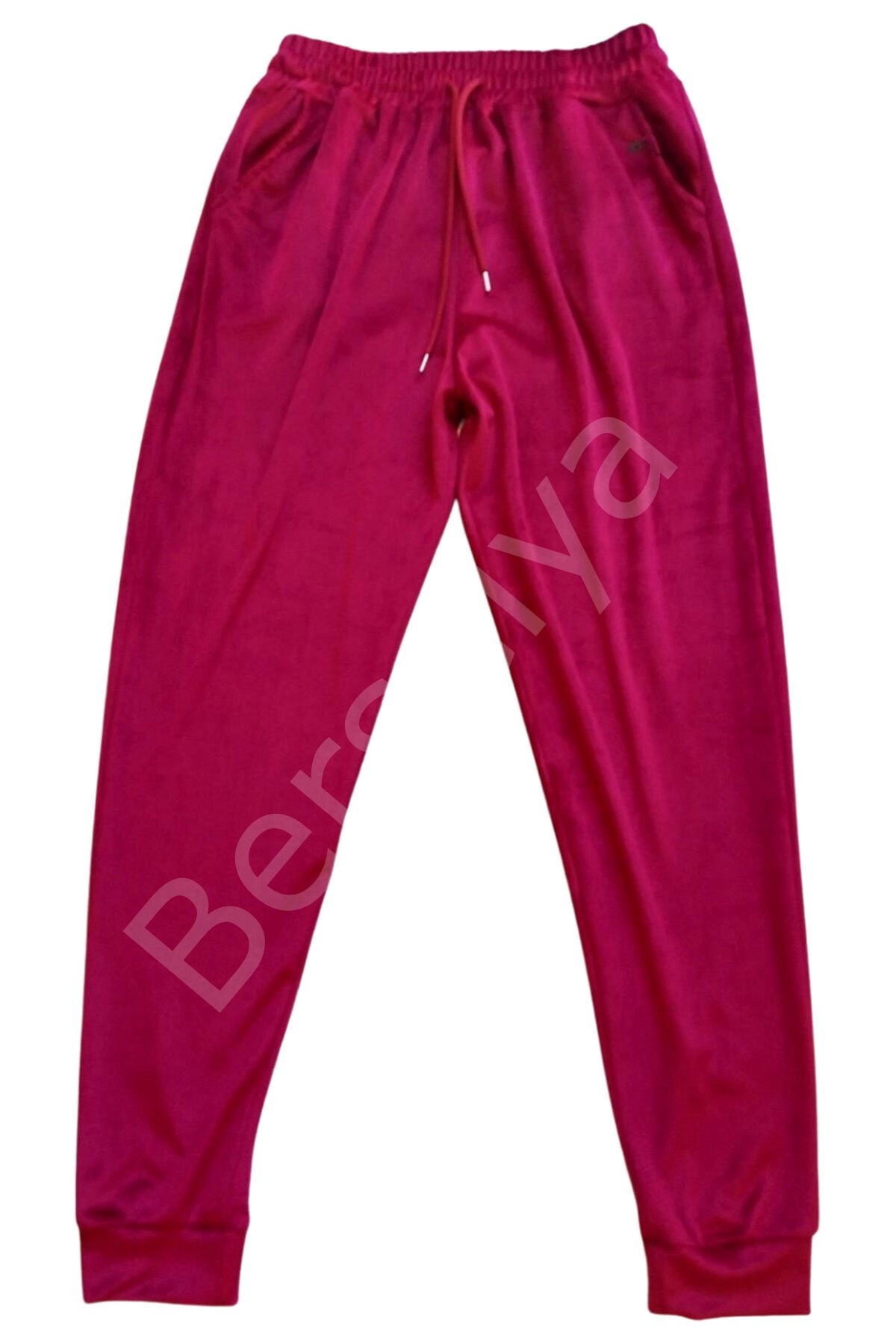 Parlak Kadife Cepli Pantolon Eşofman Pijama Altı Unisex Lastikli Paça Bordo S