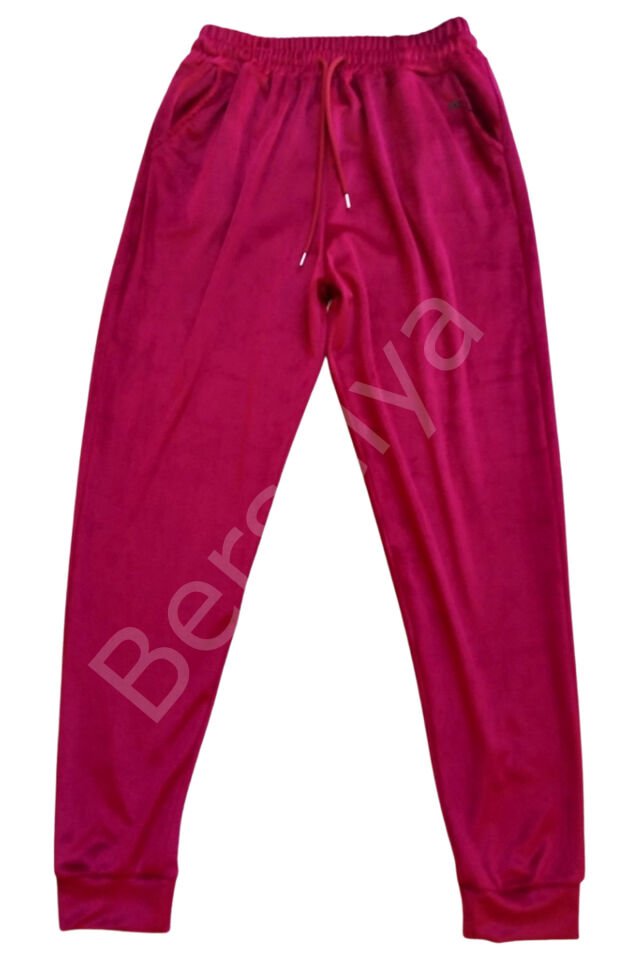Parlak Kadife Cepli Pantolon Eşofman Pijama Altı Unisex Lastikli Paça Bordo S