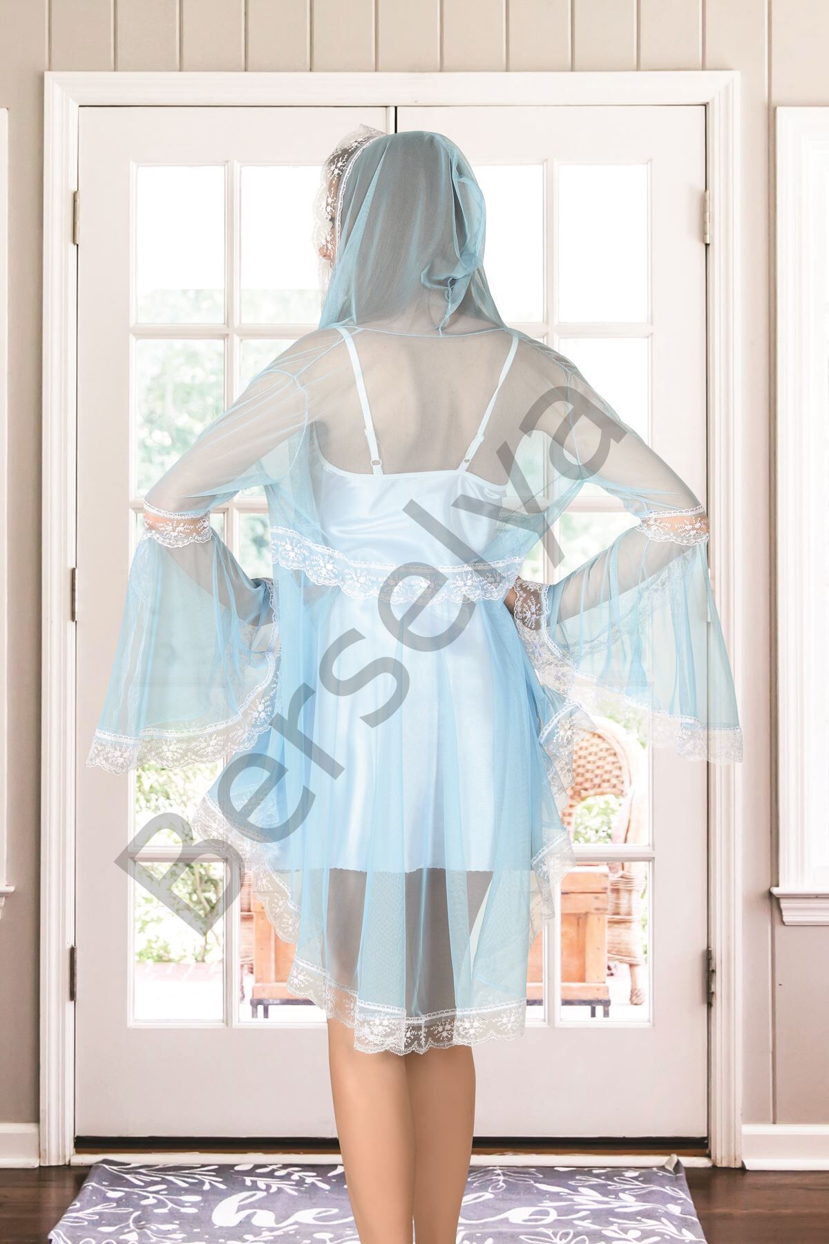 Beyaz Turkuaz Tül Dantelli Sabahlık & Gecelik Takım 2' Li - 1478