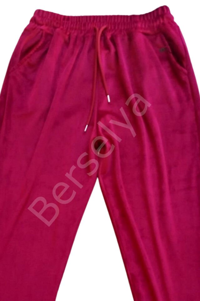 Parlak Kadife Cepli Pantolon Eşofman Pijama Altı Unisex Lastikli Paça Bordo M