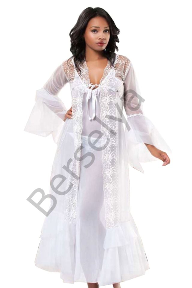 Beyaz Dantelli Sabahlık & Gecelik Takım 2' Li - 1485