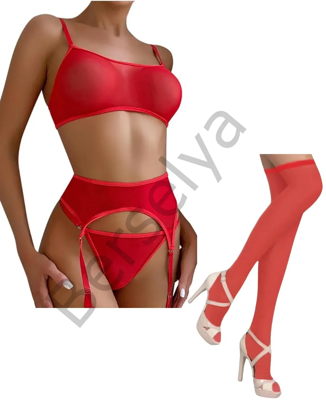 Fantezi Kırmızı Transparan Tül Jartiyer Takımı