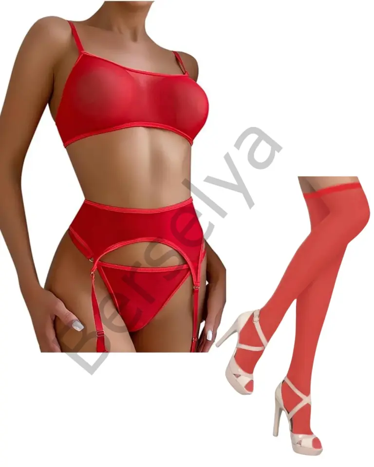 Fantezi Kırmızı Transparan Tül Jartiyer Takımı