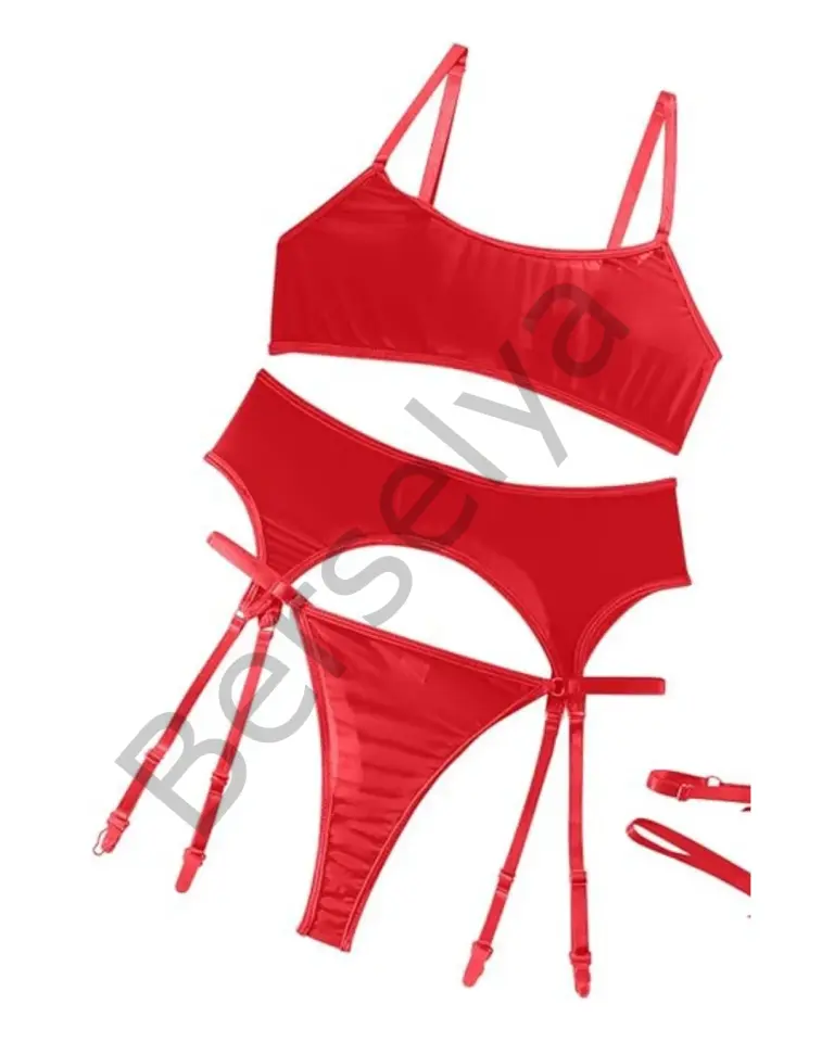 Fantezi Kırmızı Transparan Tül Jartiyer Takımı