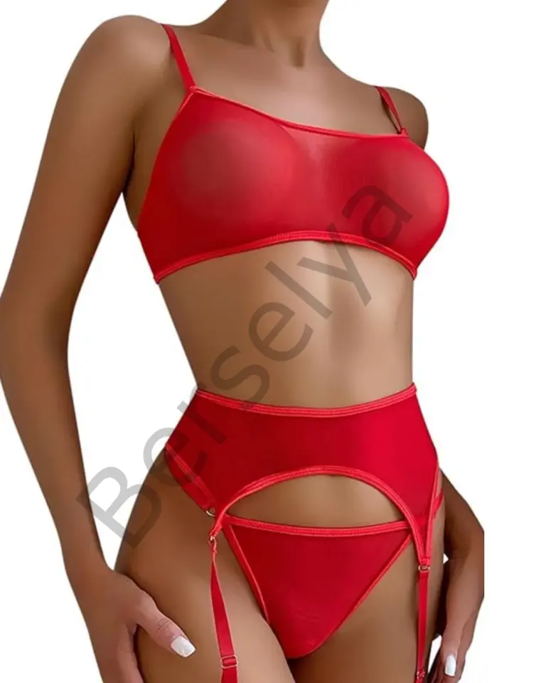 Fantezi Kırmızı Transparan Tül Jartiyer Takımı