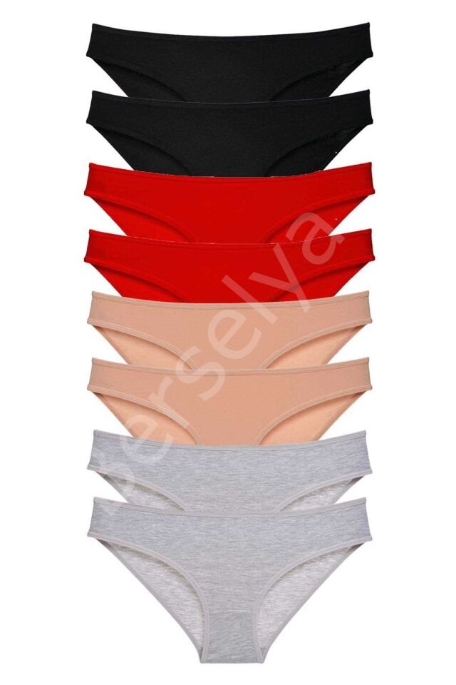 8 adet Süper Eko Set Likralı Kadın Slip Külot Siyah Kırmızı Ten Gri S