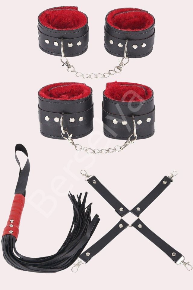 Siyah Kırmızı Harness Fantezi Aksesuar Suni Deri Set 700532