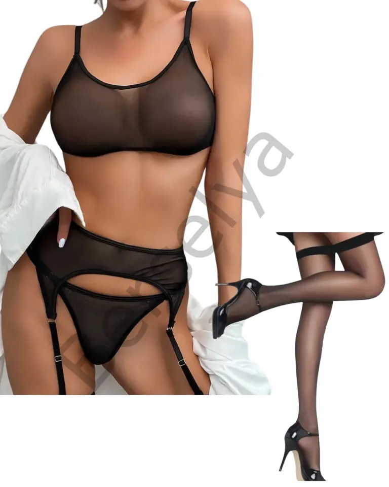 Fantezi Siyah Transparan Tül Jartiyer Takımı