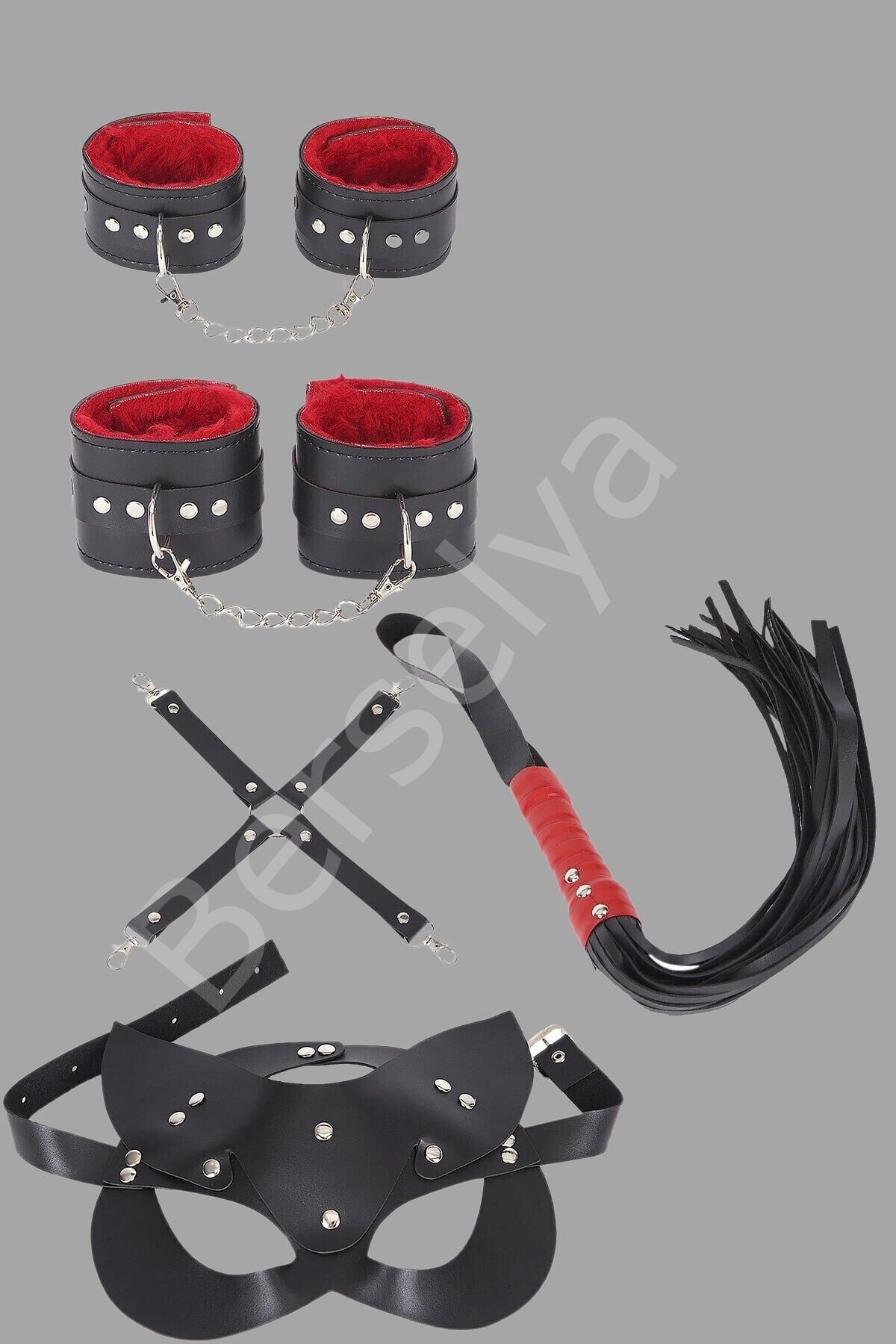Siyah Kırmızı Harness Fantezi Aksesuar Suni Deri 5 Li Set 700534