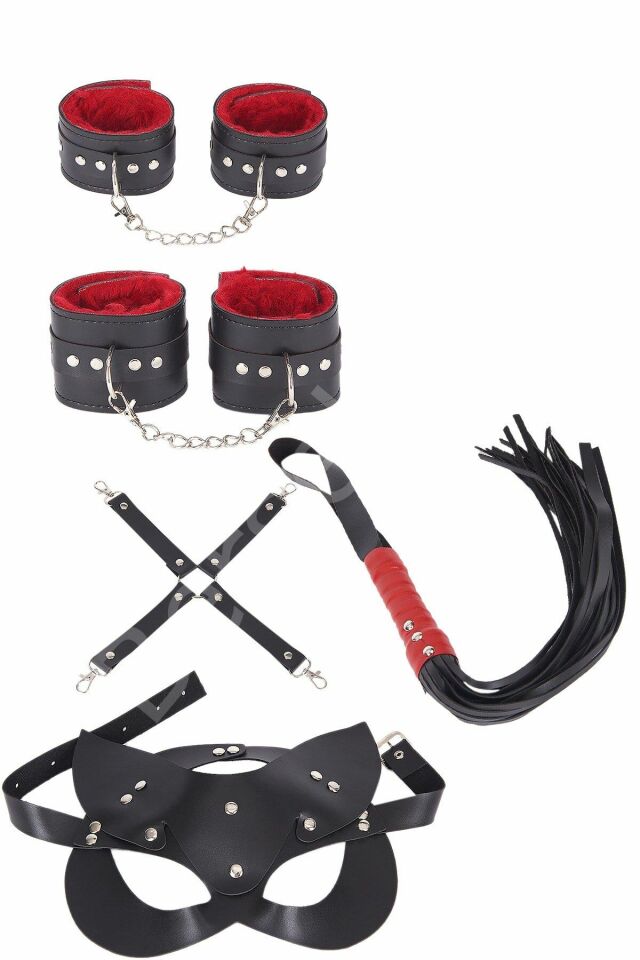 Siyah Kırmızı Harness Fantezi Aksesuar Suni Deri 5 Li Set 700534