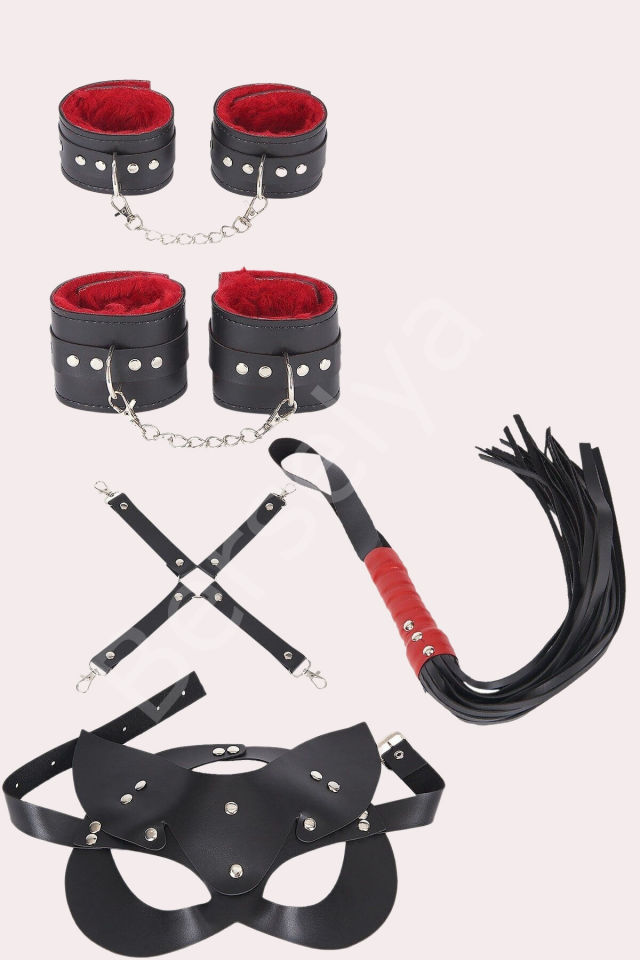 Siyah Kırmızı Harness Fantezi Aksesuar Suni Deri 5 Li Set 700534