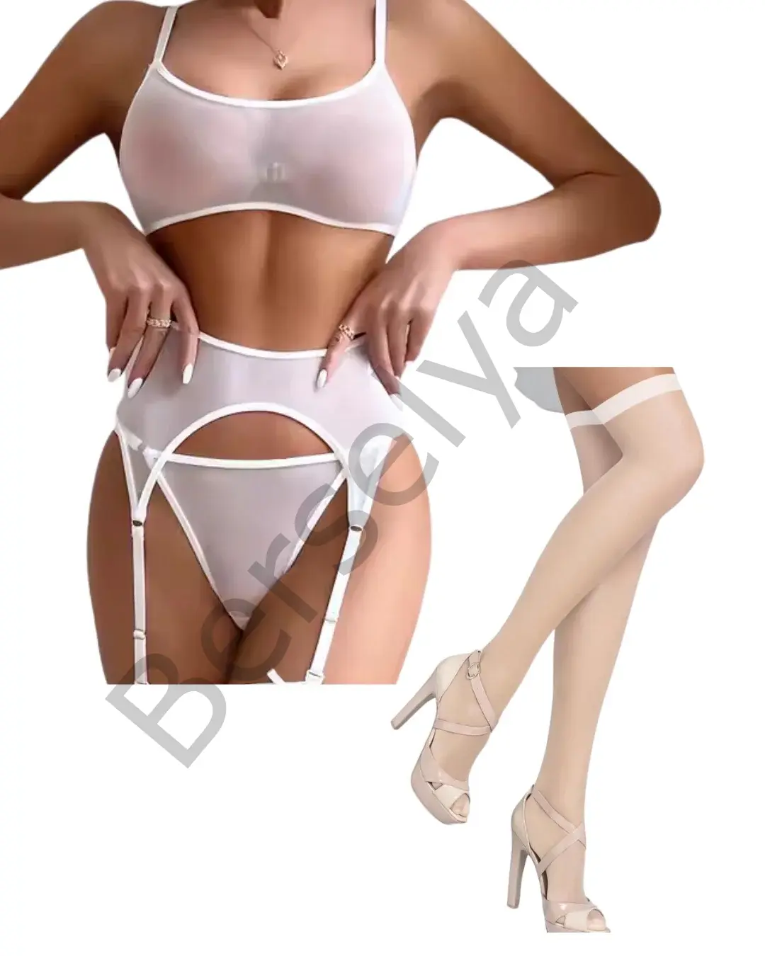 Fantezi Beyaz Transparan Tül Jartiyer Takımı