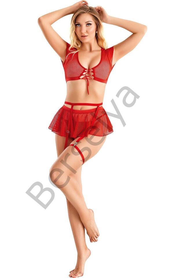 Kırmızı Büstiyerli Tül Etekli Fantezi Jartiyer Takımı