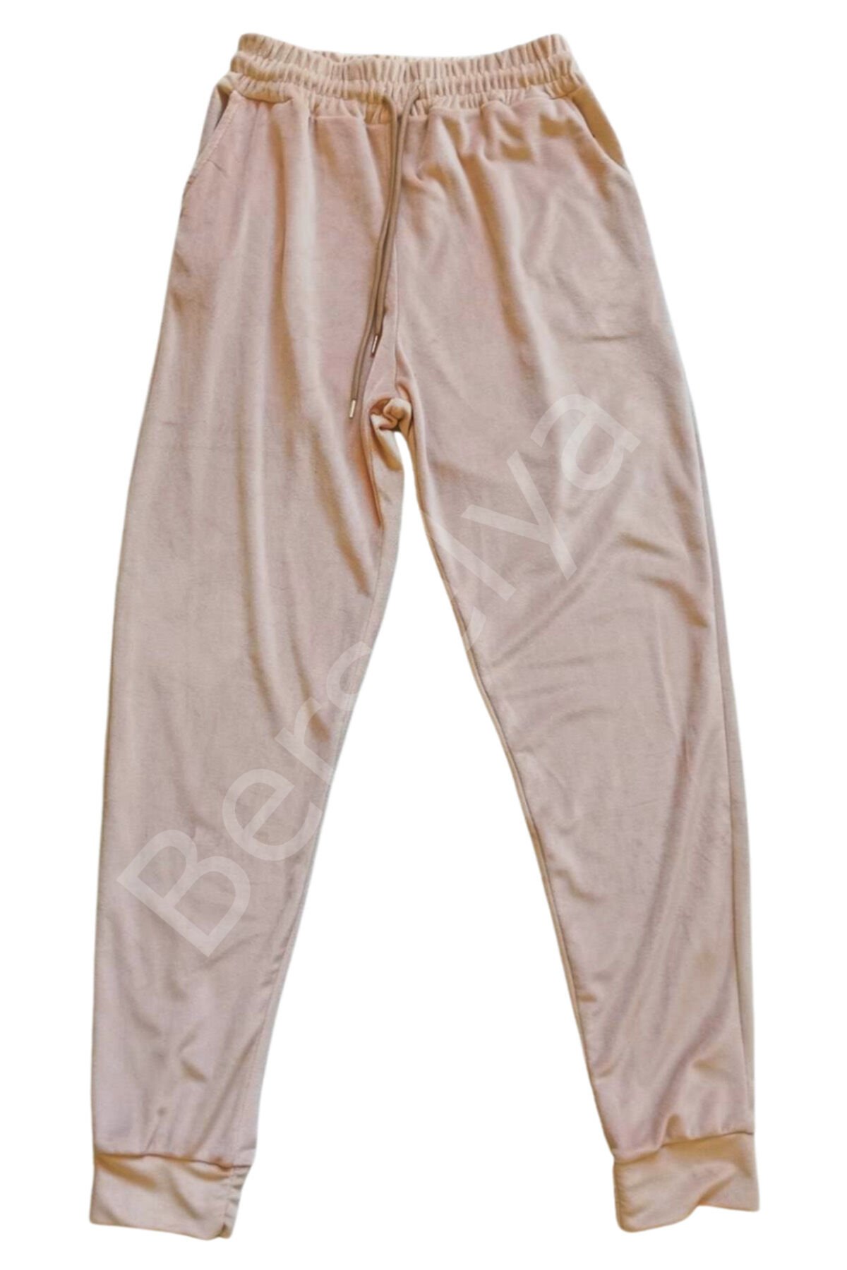 Parlak Kadife Cepli Pantolon Eşofman Pijama Altı Unisex Lastikli Paça Bej M