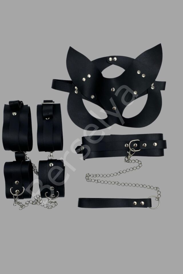 Siyah Harness Fantezi Aksesuar Suni Deri 4 Lü Set 800222