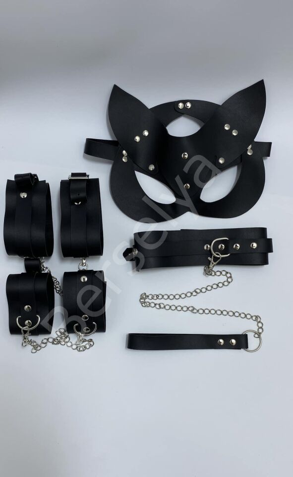 Siyah Harness Fantezi Aksesuar Suni Deri 4 Lü Set 800222