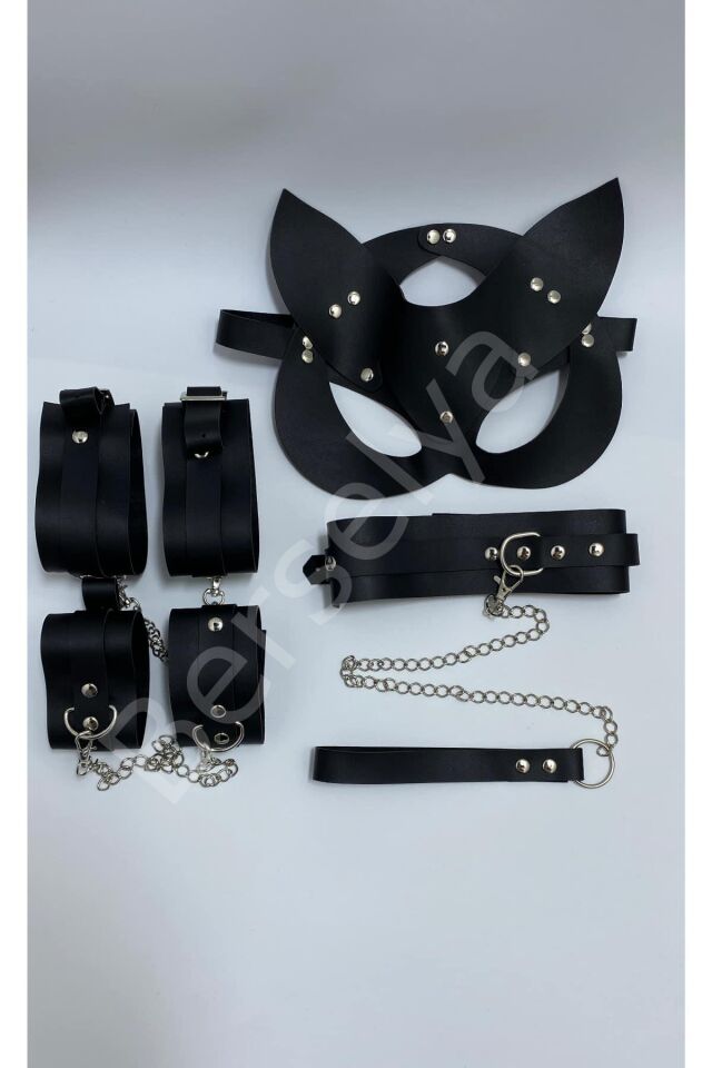 Siyah Harness Fantezi Aksesuar Suni Deri 4 Lü Set 800222