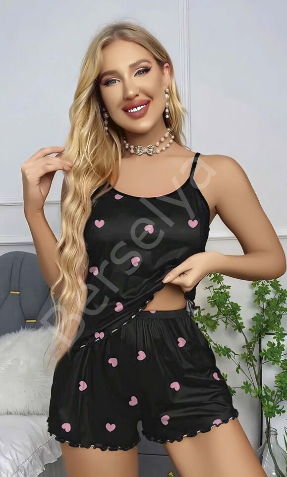 Kadın Siyah Kalp Desenli Seksi Gecelik Takım 6660