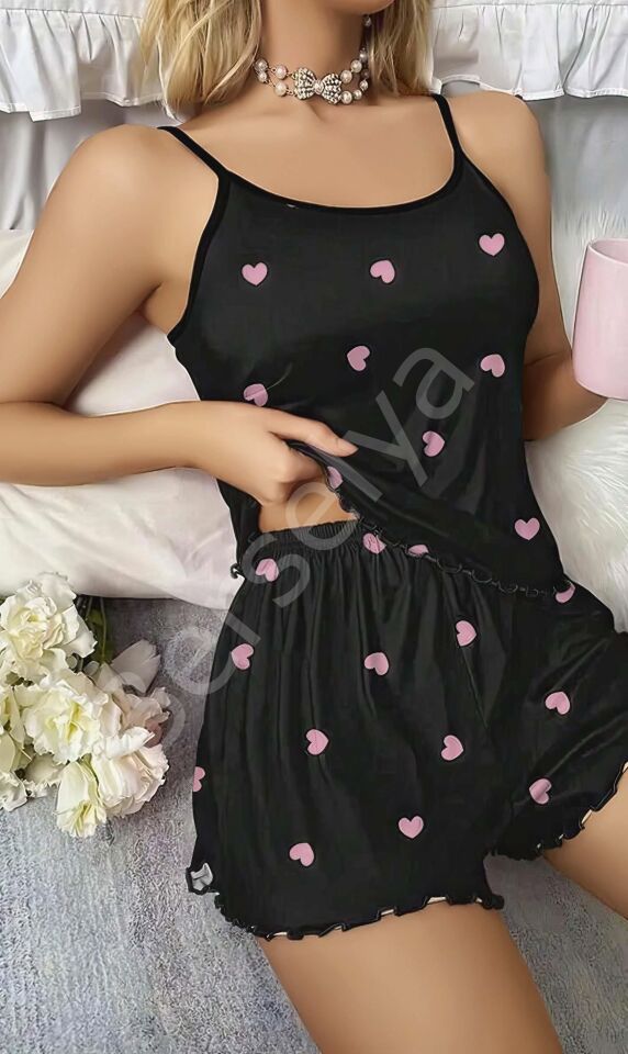 Kadın Siyah Kalp Desenli Seksi Gecelik Takım 6660