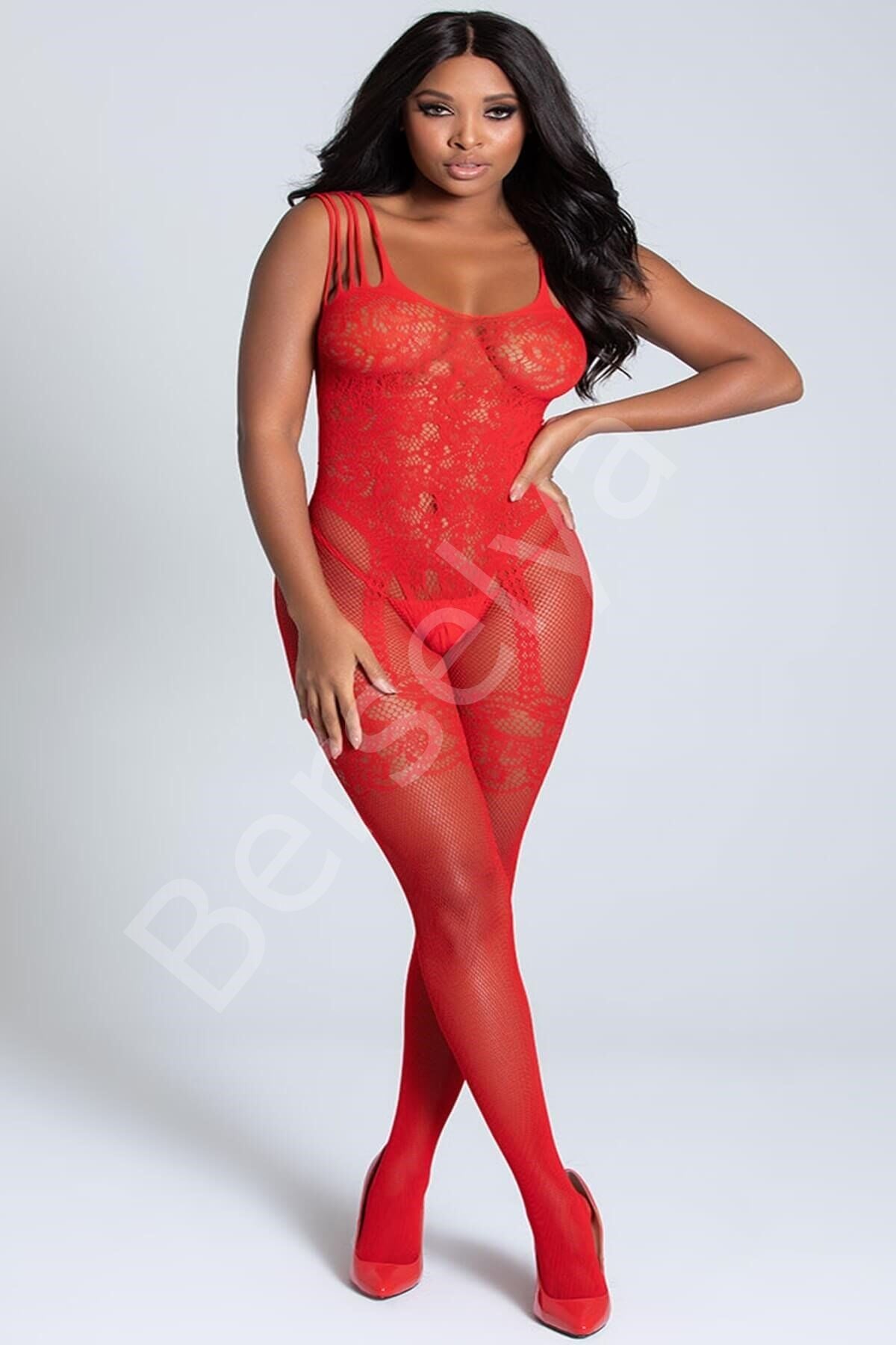 Kadın Kırmızı Jartiyer Desenli Özel Bölgesi Açık Vücut Çorabı 5046